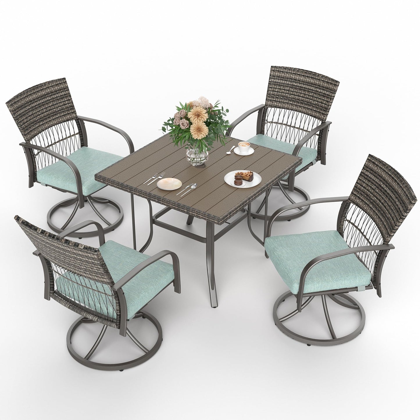 Pamapic 5 Piece Patio Dining Set for 4,Outdoor Wicker Furniture Set for Backyard Garden Deck Poolside with 4 Cushions Swivel Rocker Chairs, Square Iron Slats Table Top, Removable Cushions(Green)