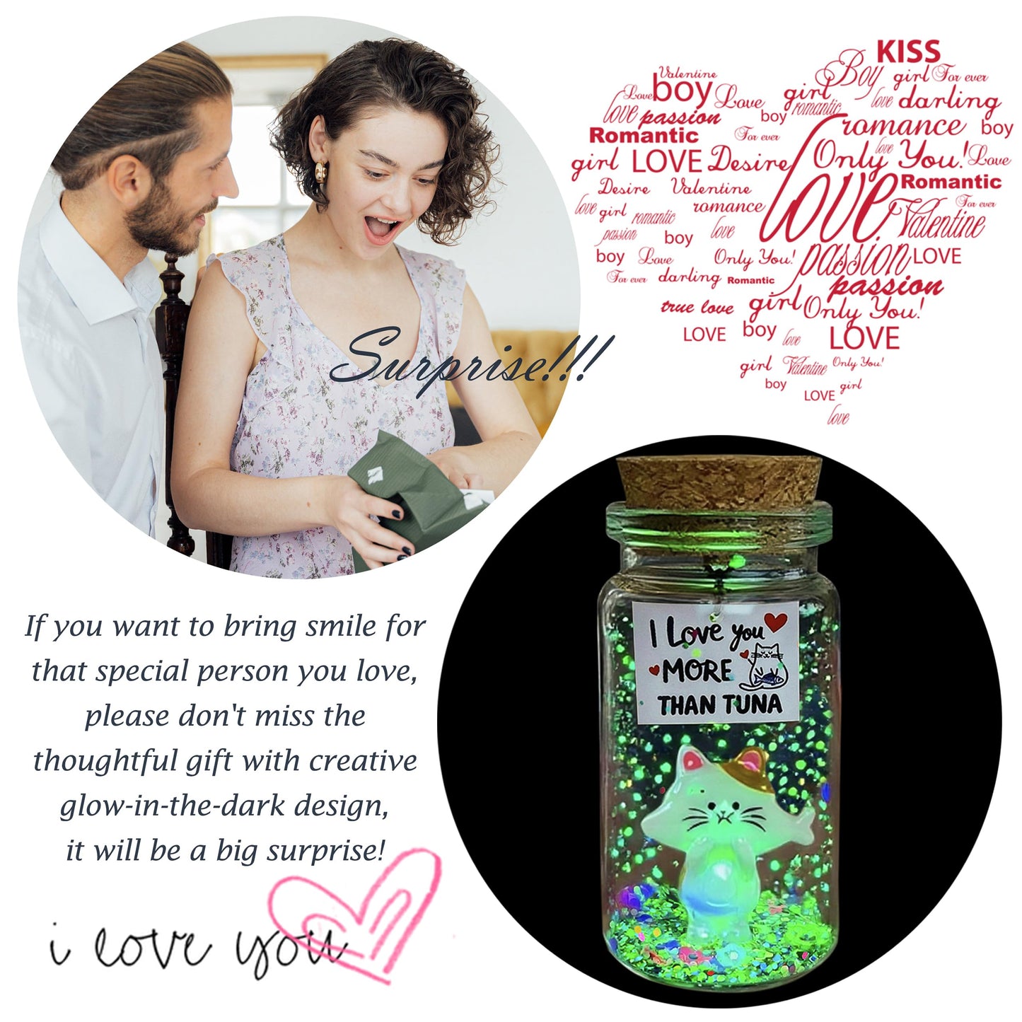 Anniversary I Love You Presents for Him Her, Cute Romantic Message in Glow Bottle Gift to Boyfriend Girlfriend, Funny Valentines Christmas Birthday Gifts Husband Wife (Cat, I Love You More Than Tuna)