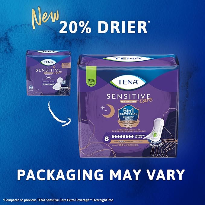 TENA Sensitive Care Incontinence Pads, Bladder Control, Postpartum for Women, Overnight Absorbency, Extra Coverage, 84 Count