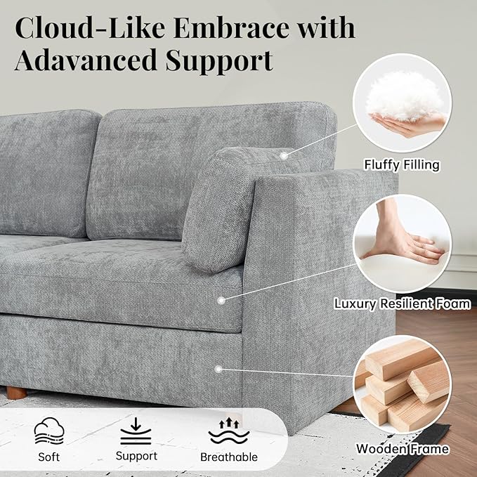 CUGOAO 153.4'' Modular Sectional Sofa Bed, Oversized Sectional Couch, Deep Seat Chenille Cloud Couch, Removable Cover, Mordern Upholstered Couches for Living Room, Apartment, Office, Grey