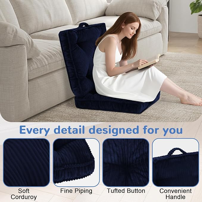 PRIMEPATIO Square Floor Pillow for Adults, Tufted Floor Cushion for Sitting, Large Meditation Cushion, Thick Corduroy Seat with Handle, Tatami Seating for Yoga, 24x24 Inch Navy Blue, 2Pack