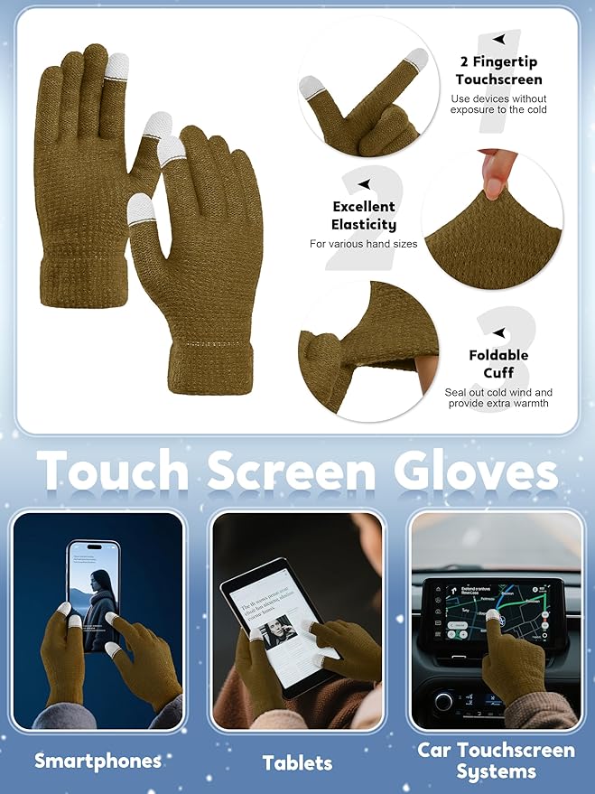 URATOT 4-In-1 Winter Warm Sets Knitted Scarf Touch Screen Gloves Beanie Pompom Hat and Winter Ear Warmer for Men or Women