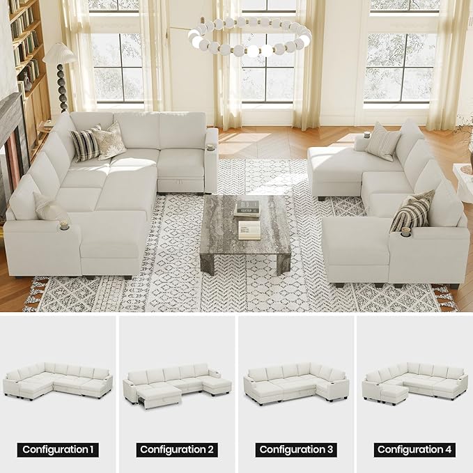 Belffin Oversized Sleeper Sofa U Shaped Modular Sectional Couch with Double Storage Chaise Convertible Sofa Bed. White Couch