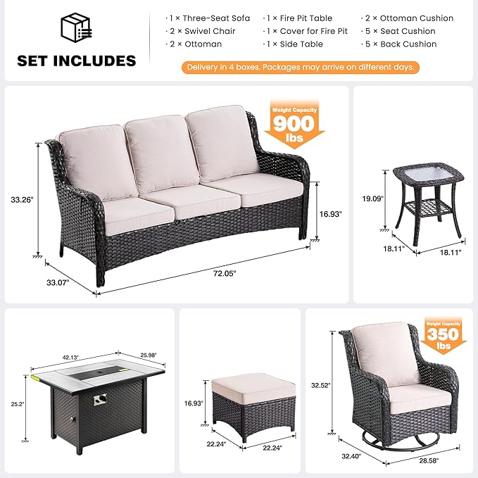 ovios 7 Pieces Patio Furniture Set, Outdoor Wicker Sofa Couch with Swivel Chairs 42" Fire Pit Table, High Back Modern All Weather Conversation Sets, Brown Rattan, Beige