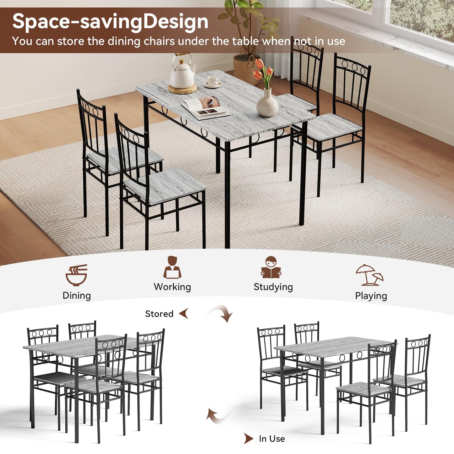 Vipbear Kitchen Dining Table Set for 4, 5-Piece Kitchen Table Set,Dining Room Table Sets,Rectangular Kitchen Table Set with 4 Chairs for Small Space, Dinette,Apartment,Rustic Grey