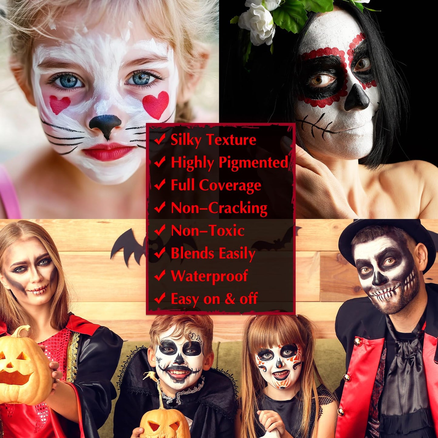 Black White Red Face & Body Paint - Blendable Facepaint Foundation with Sponge & Brush for Skin, Professional Halloween Face Mak
