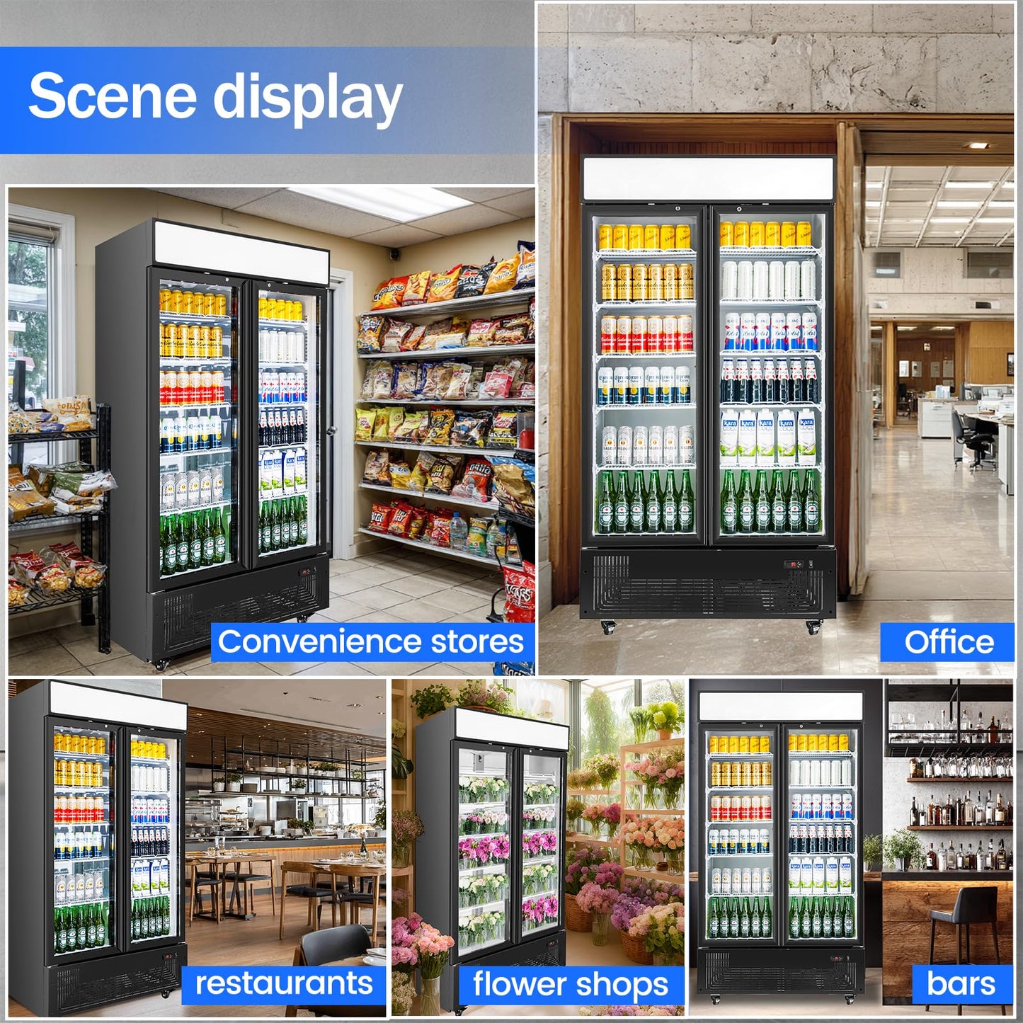 BINGERMA Commercial Merchandiser Display Refrigerator with 2 Glass Doors 30 Cu.ft Beverage Back Bar Cooler Black Drink Fridge for Convenience Stores, Supermarkets, Bars, Offices