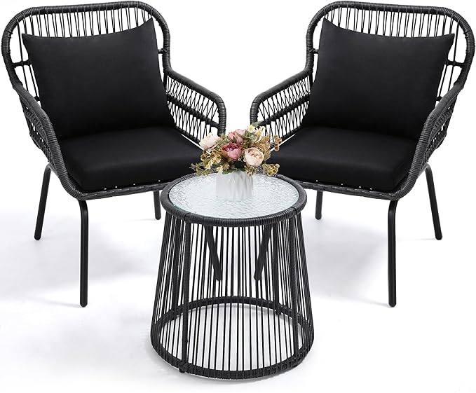 wildformers 3 Pieces Rattan Wicker Bistro Set, Outdoor Conversation Set, Wicker Furniture Set with Glass Top Table, Space Saving for Balcony, Backyard, Black