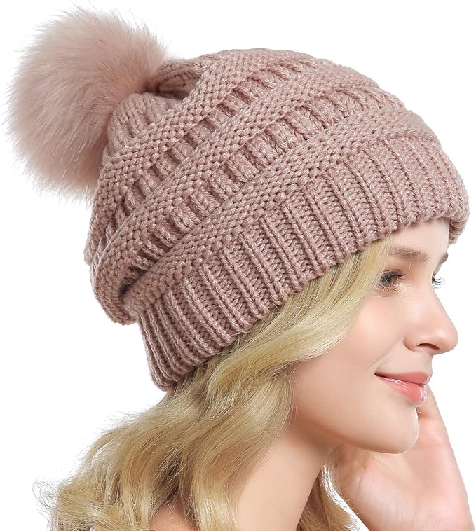 QUEENFUR Women Knit Slouchy Beanie Chunky Baggy Hat with Faux Fur Pompom Winter Soft Warm Ski Cap