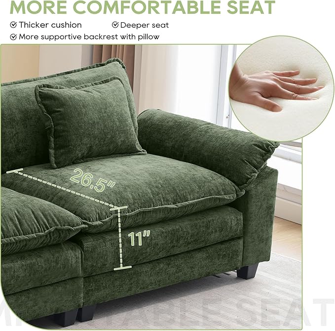 Oprisen 120" Modular Sectional Sofa, Comfy Cloud Couch Sectional Sofa with Ottoman, Chenille Sofa Sleeper Deep Seat Sofa with Throw Pillows for Living Room (Green, 120"- U Shape)