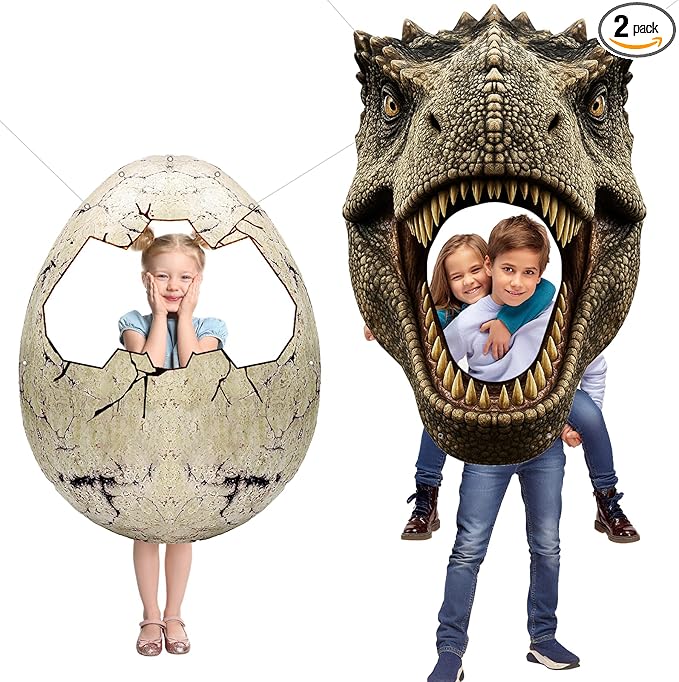 Dino Themed Photo Backdrop Set for Kids Birthday Party – Dinosaur Head and Egg Fabric Banner with Cut-Out Windows – Jungle...