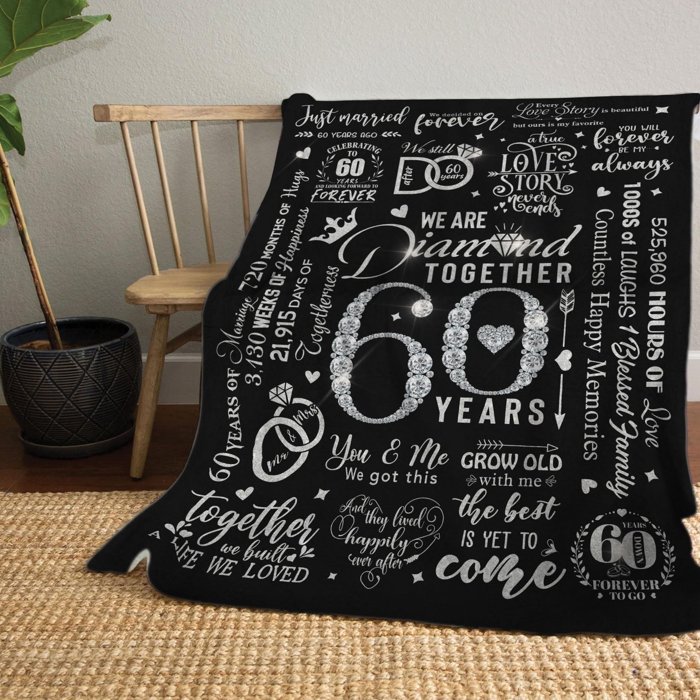 MUCHNEE 60th Anniversary Blankets for Parents Grandparents, Gift for 60th Wedding Anniversary Party, 60 Diamond Years Wedding for Dad Mom, 60 Years of Marriage Throw Blanket 60"x50"