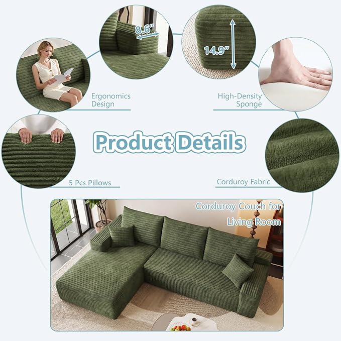 95" Cloud Sectional Couch with L-Shape Chaise, Modern Corduroy Boneless Couch for Living Room,Memory Foam Sofa with Deep Seat,No Assembly Required (Green,Left-Facing Chaise)