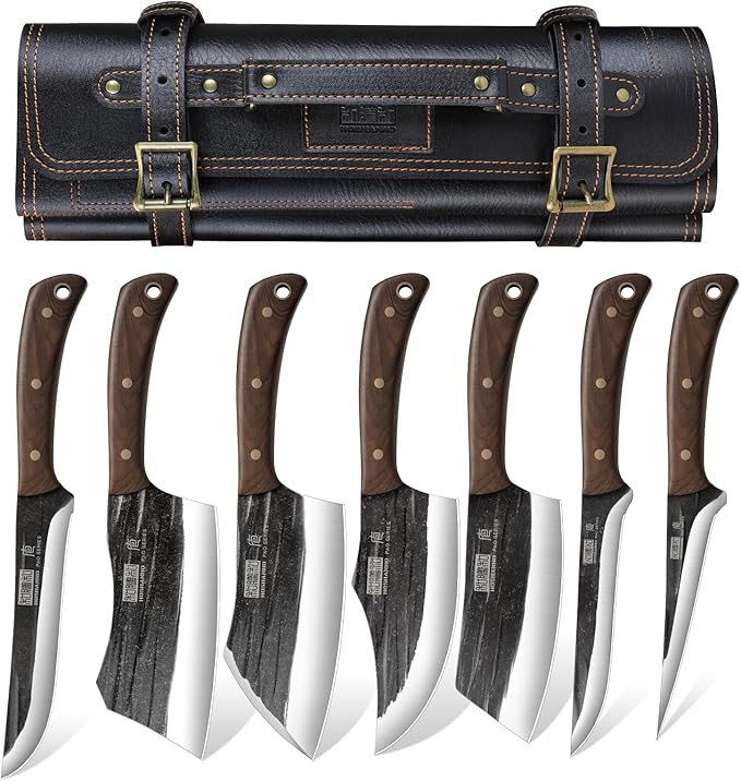 HOSHANHO Butcher Knife Set, Hand Forged Butcher Chef Knife Set with Roll Bag, Sharp Meat Cleaver Knife & Bone Chopper Kniv...
