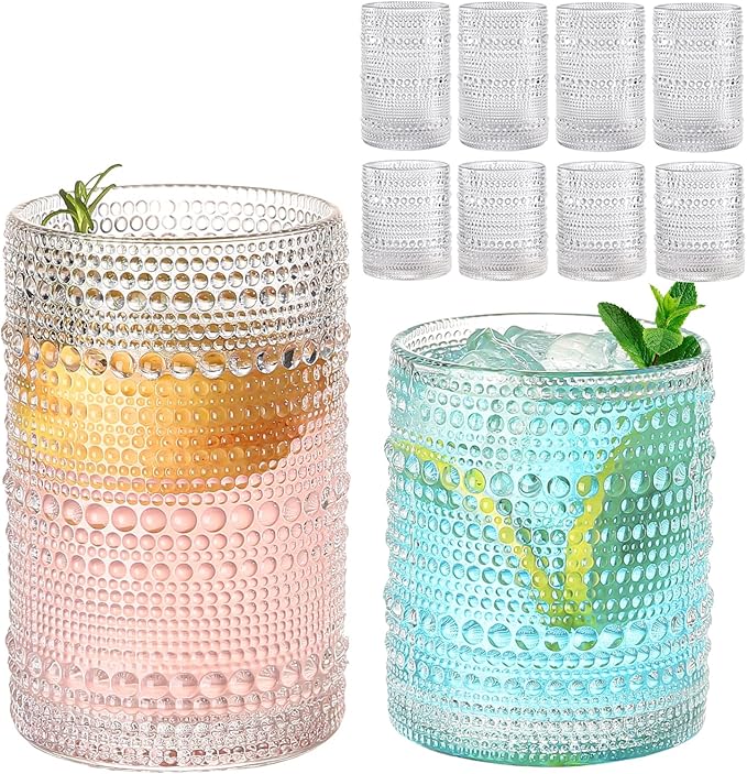 ZMOWIPDL Vintage Hobnail Drinking Glasses Set of 8,Clear 12 oz & 15oz Highball Glass Cups, Kitchen Drinkware Glassware,Emb...