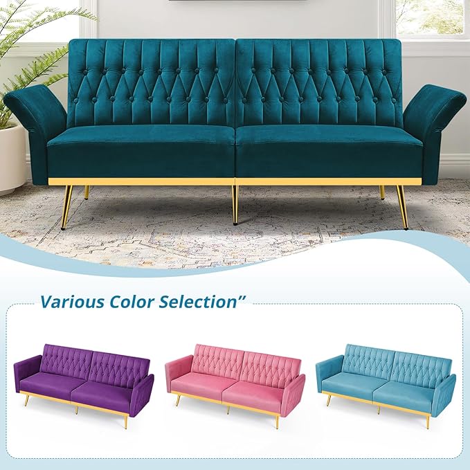ACMEASE 70” Velvet Futon Sofa Bed w/Adjustable Armrests and Backrest, Convertible Futon Couch w/2 Pillows, Modern Sleeper Bed for Living Room, Bedroom, Teal