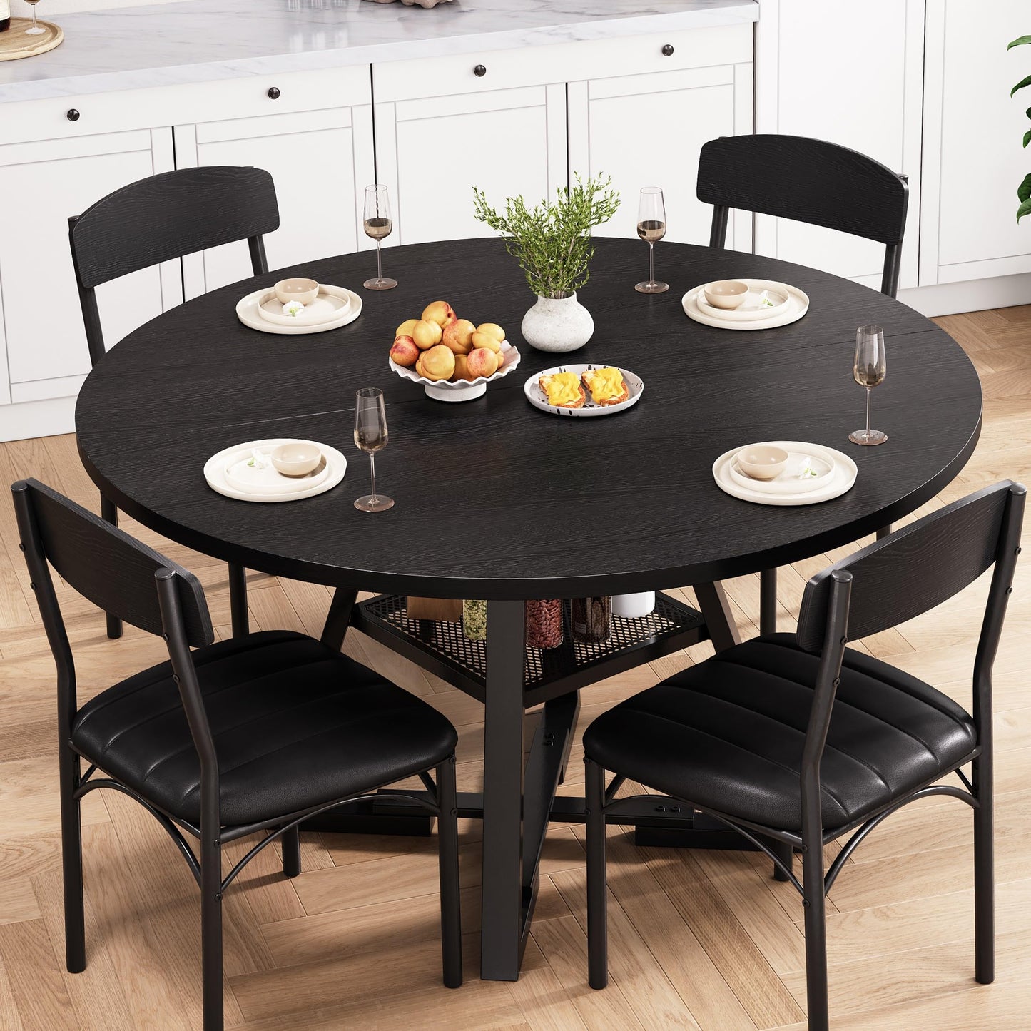Round Dining Table Set for 4, Kitchen Table and Chairs for 4, Circle Table Round Pedestal Dining Room Dinner Dinette Table Set,5 Piece Space Saving Wood Kitchen & Dining Room Tables (Black, 47In)
