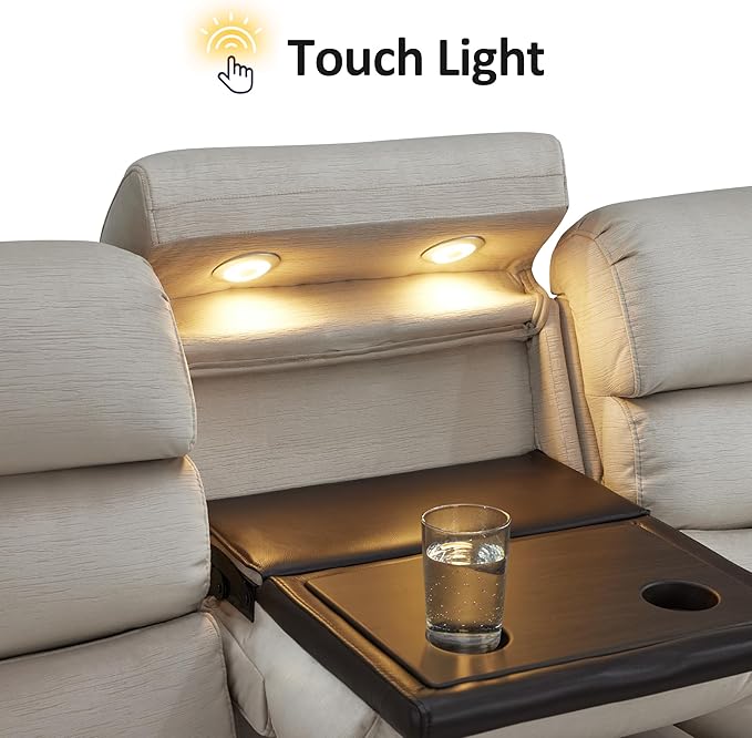 MCombo 87.2'' Wall Hugger Power Recliner Sofa with Drop Down Table, Reclining Sofa with Adjustable Headrest, USB Charge Ports, Reading Lamp, for Living Room, RVs, Fabric, ST258M3 (3-Seater, Beige)