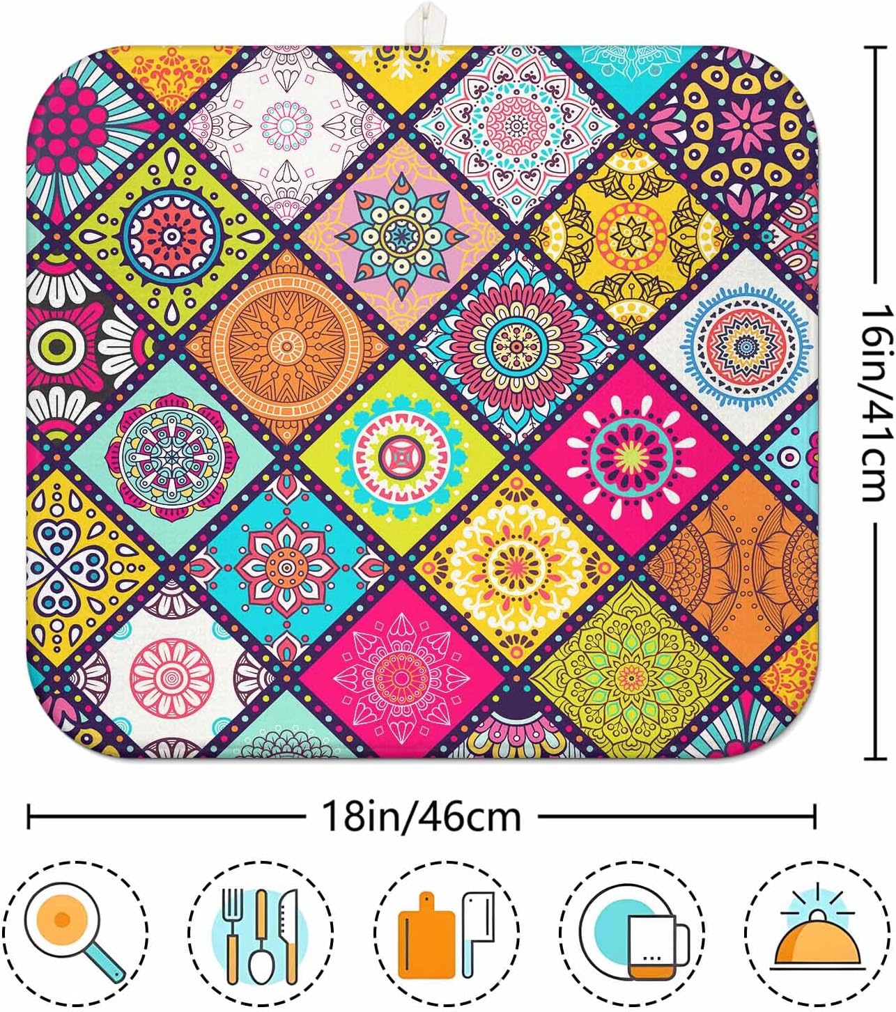 Boho Drying Mat 16" X 18" Abstract Plaid Kitchen Counter Stone Large Dish Drying Mats For Kitchen Colorful Drying Mats For Home Counter Flower Drying Mats For Dishes Dish Table Mat Drying Kitchen Mat