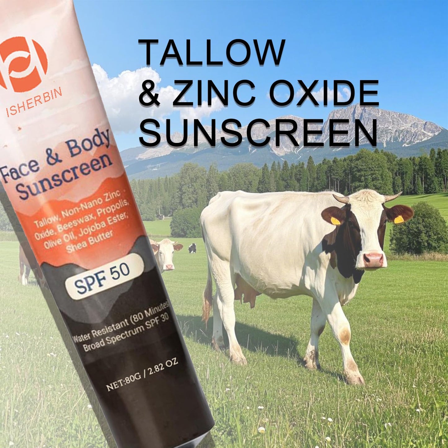 Natural Mineral Sunscreen SPF 50 - Natural Tallow & Zinc Oxide, Beef Tallow Sunscreen for Face & Body SPF 50, Lightweight under