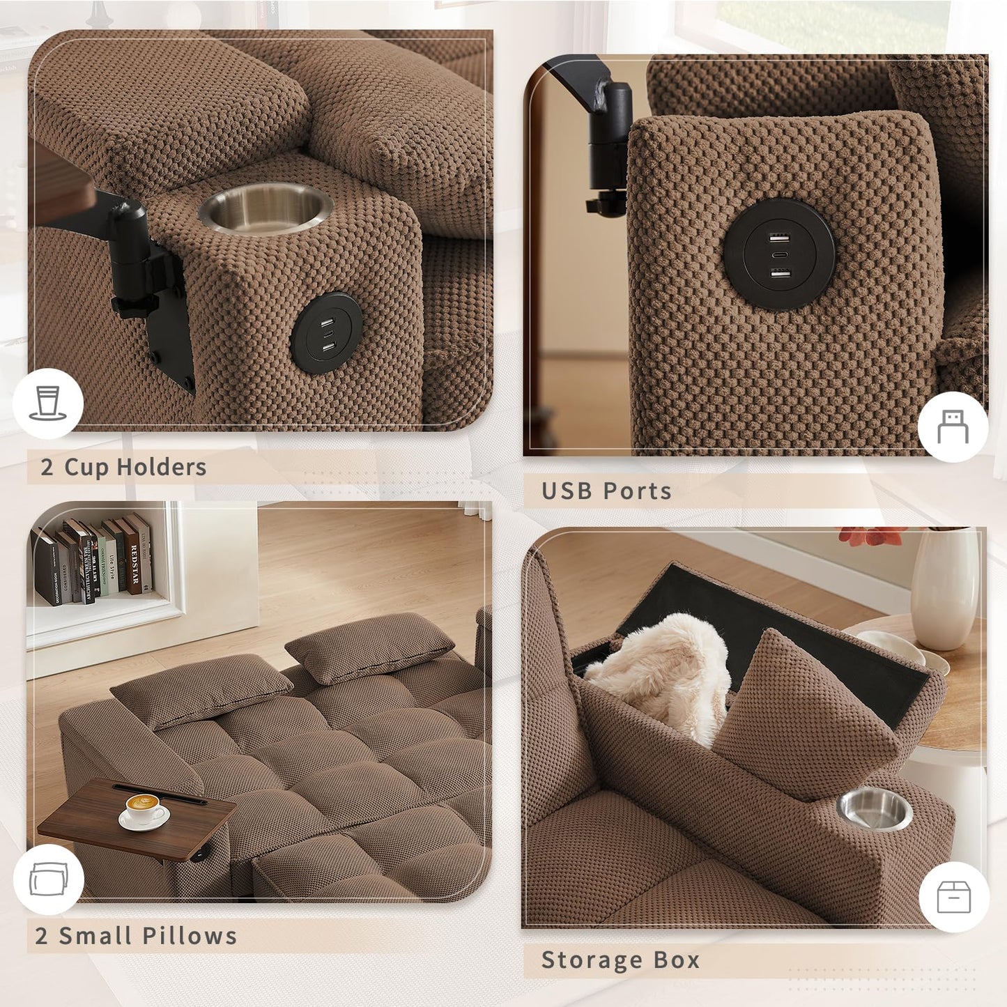 hansones 65'' 3-in-1 Folding Convertible Sofa Bed, Queen Size Pullout Sofa, Modern Chenille Fabric, 360° Swivel Side Table, Easy Assembly, Perfect for Living Room