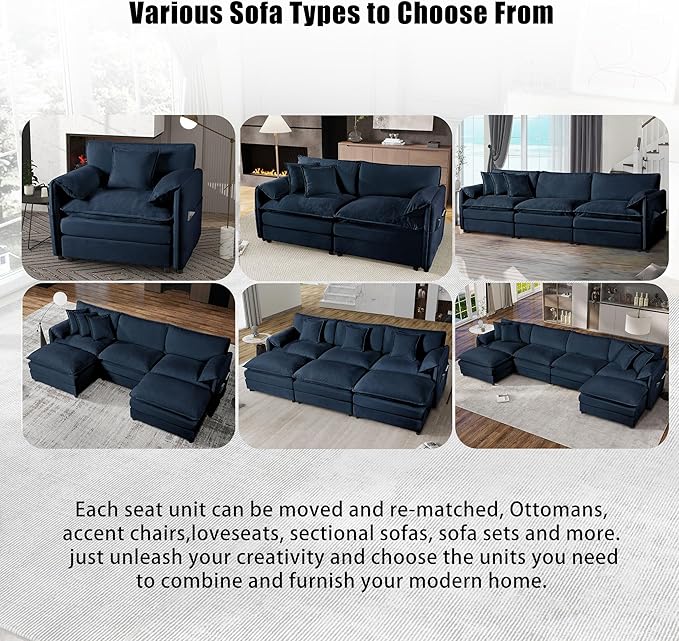 RENDGO 109" Modular Sectional Sofa with 1 Ottoman, Chenille Cloud Couch for Living Room & Apartment, Deep Seat Comfort, Flexible L-Shape Combination Sofa for Home & Office,Blue