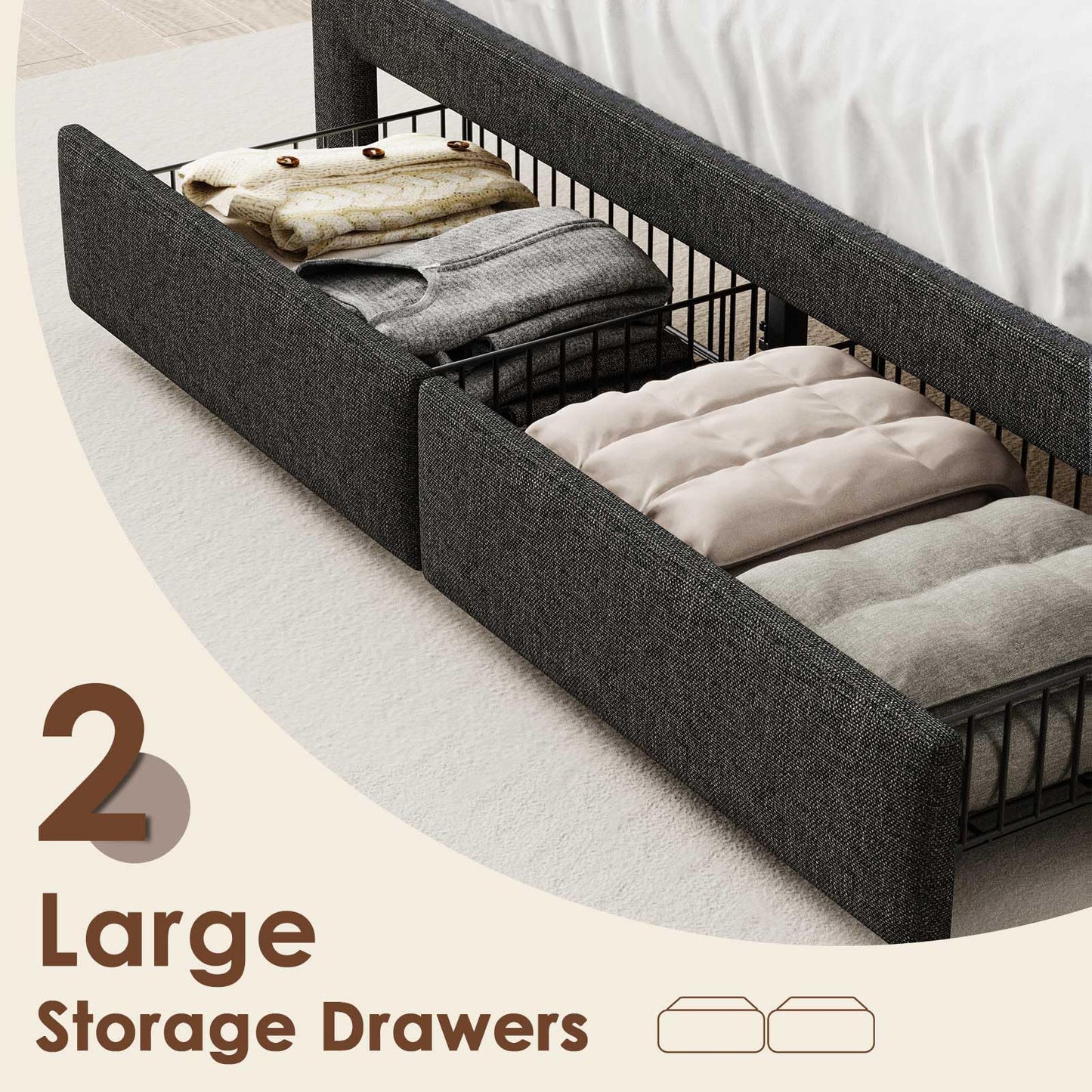 Driftalia LED Full Size Bed Frame with 2 Storage Drawers, Upholstered Full Bed Frame with Headboard and Charging Station, No Box Spring Needed, Easy to Assembly-Dark Grey