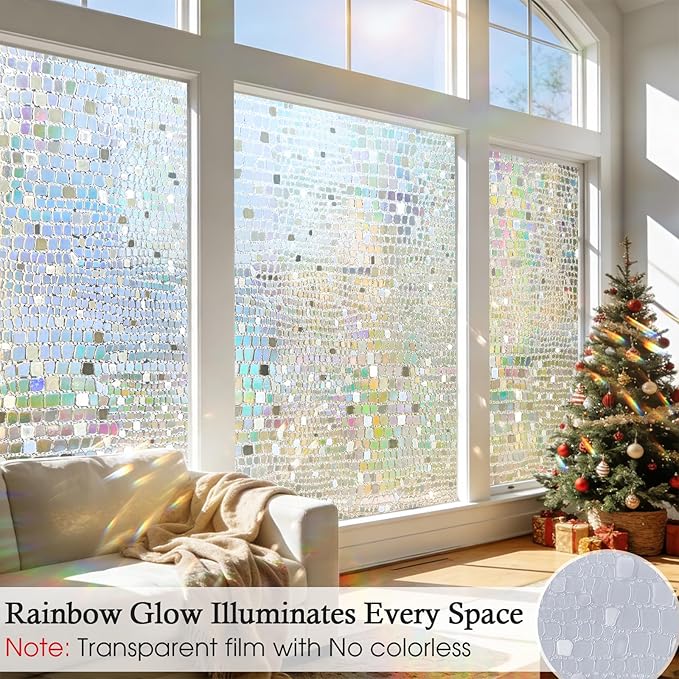 Windimiley Window Privacy Film 3D Rainbow Static Clings Bathroom Stained Glass Decorative Window Sticker Prism Holographic Decals Sun Blocking Non-Adhesive Door Covering,17.5x78.7In, Pure