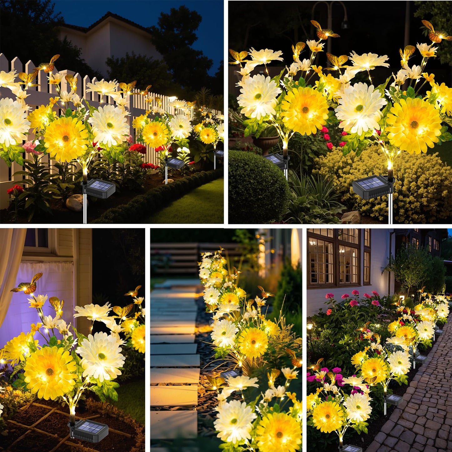 TopVelo Solar Garden Light 4 Packs, 120 LEDs Outdoor Solar Lighting with Daisy and Butterfly, Waterproof Outdoor Garden Light for Patio, Courtyard, Pathway Decoration (Yellow)