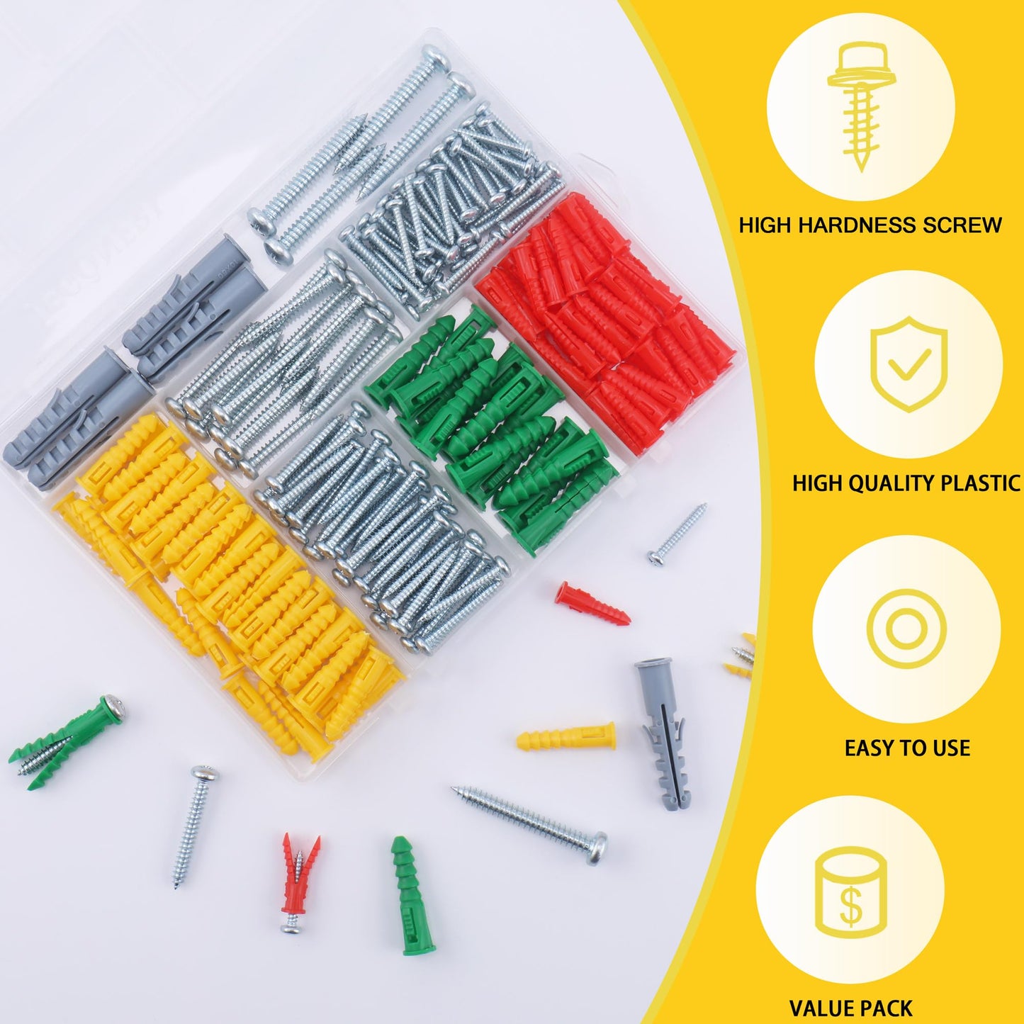 JEGONFRI 208PCS Drywall Anchors and Screws Assortment Kit, Wall Anchors and Screws Kit, 4 Sizes Plastic Anchors and Matched Phillips Pan Head Screws