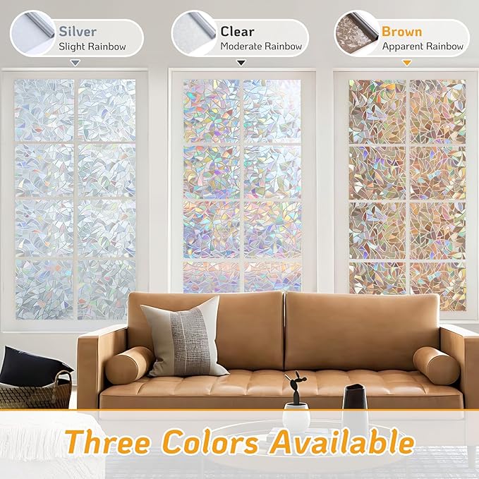LUTE Window Privacy Film, Rainbow Window Flim, 3D Decorative Stained Glass Cling, Non-Adhesive Vinyl Static Cling Removable Glass Sticker, Sun UV Blocking Covering for Home, Brown, 23.6 x 78.7 inches