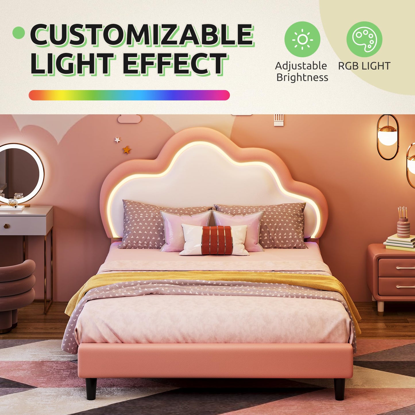 GOOBED Twin Size Bed Frame, Upholstered LED Bed Frame with Adjustable Cloud Headboard, Platform Bed Frame with Wooden Slats Support, No Box Spring Required, Easy Assembly, Pink