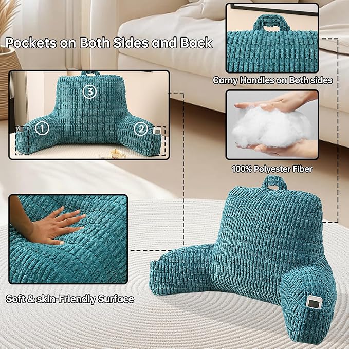 PAJEO Reading Pillow for Sitting in Bed, Large Backrest Reading Pillow with Arm Rest,Back-Rest Support Cushion for Sit Up on Couch, Sofa, and Floor, Dorm Essentials (Green Corduroy, Standard(17"))