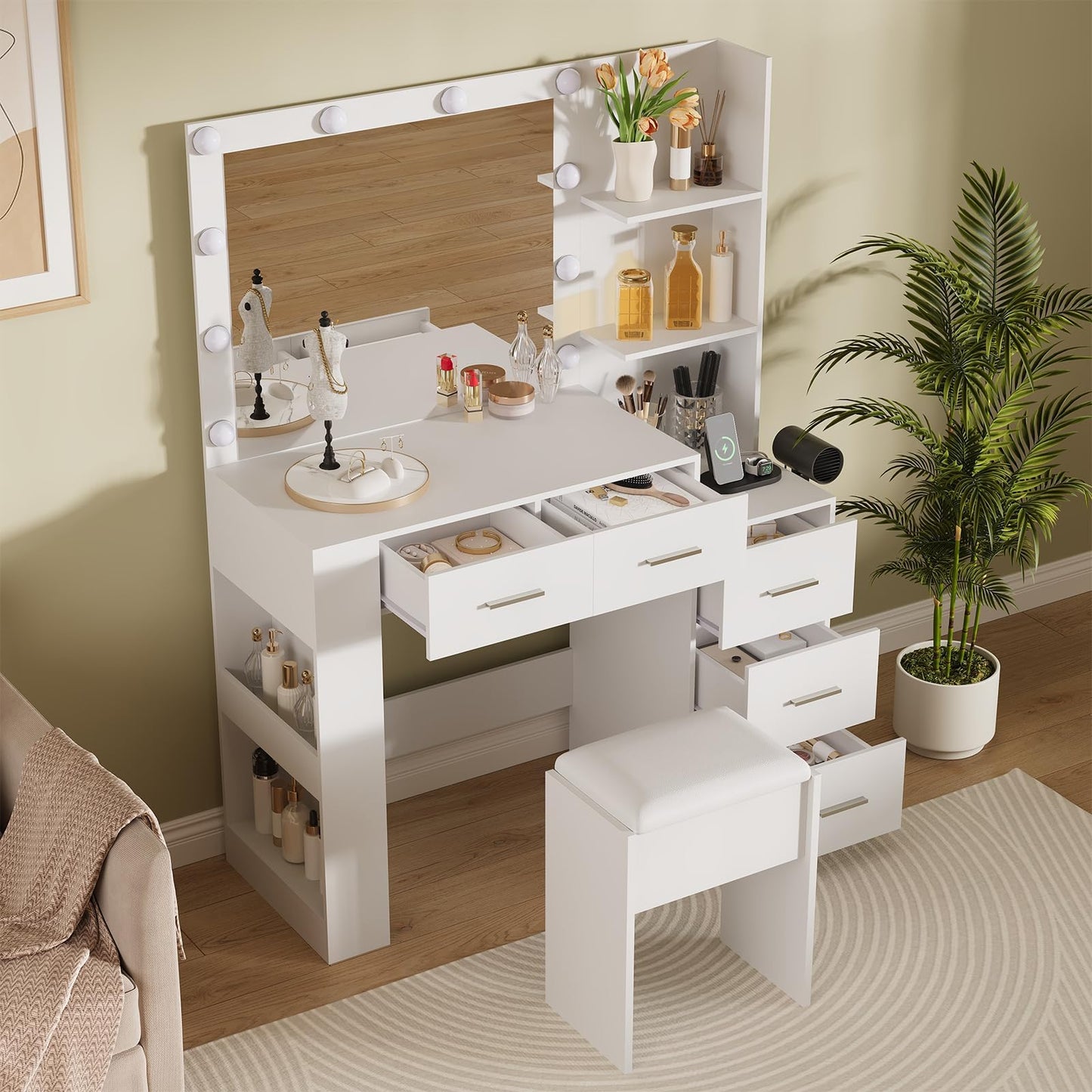 Garvee 41" Large Vanity Desk with 10-Bulb Mirror and Built-in Outlets - Makeup Vanity Desk with 3 Color Lighting Modes and 5 Drawers - Dressing Table with Soft Cushioned Stool for Bedroom