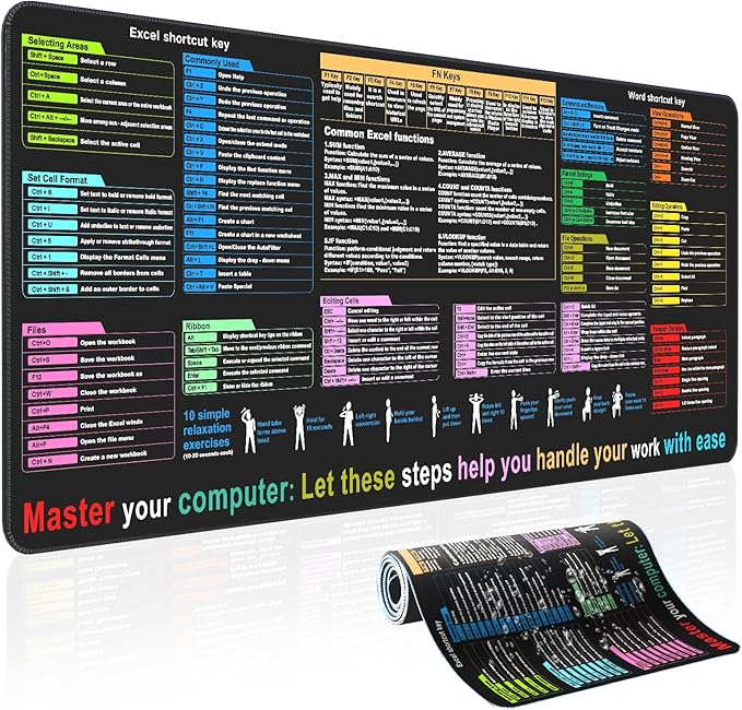 Excel Cheat Sheet Desk pad—Contains 12 Types of Common Skills in Excel and Word|Large XL Size（31.5 * 11.8 inch）|Desk mat for Keyboard and Mouse|Work、Study、Gaming Mouse pad|Waterproof、Anti-Slip