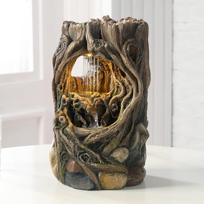 GOSSI Indoor Fountain Beautiful Stump Water Fountain Relaxation Raindrop Fountains Meditation Desk Fountain Artistic Water...