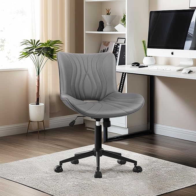 VATROS Office Chair, Armless Desk Chair with Wheels, Ergonomic Comfy Home Office Computer Task Chairs, Faux Leather Padded Cute Vanity Chair, Adjustable Height Swivel Chair with Back,Gray