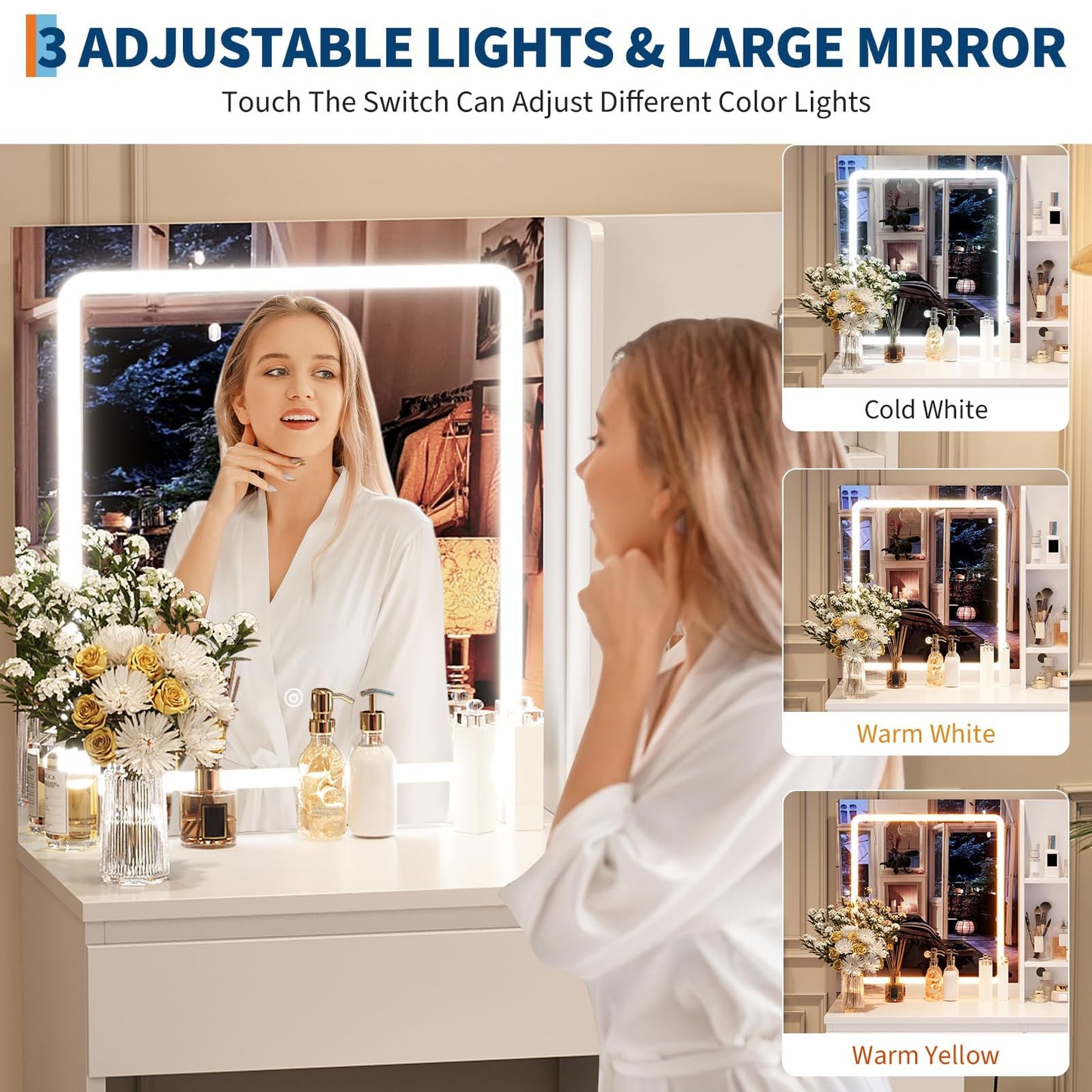 Vanity Desk with Mirror and LED Light, Vanity Desk with 4 Drawers, Power Outlet, Storage Stool, Open Shelves, Hairdryer Holder, Adjustable 3 Lighting Mode, Makeup Vanity Set for Bedroom, White