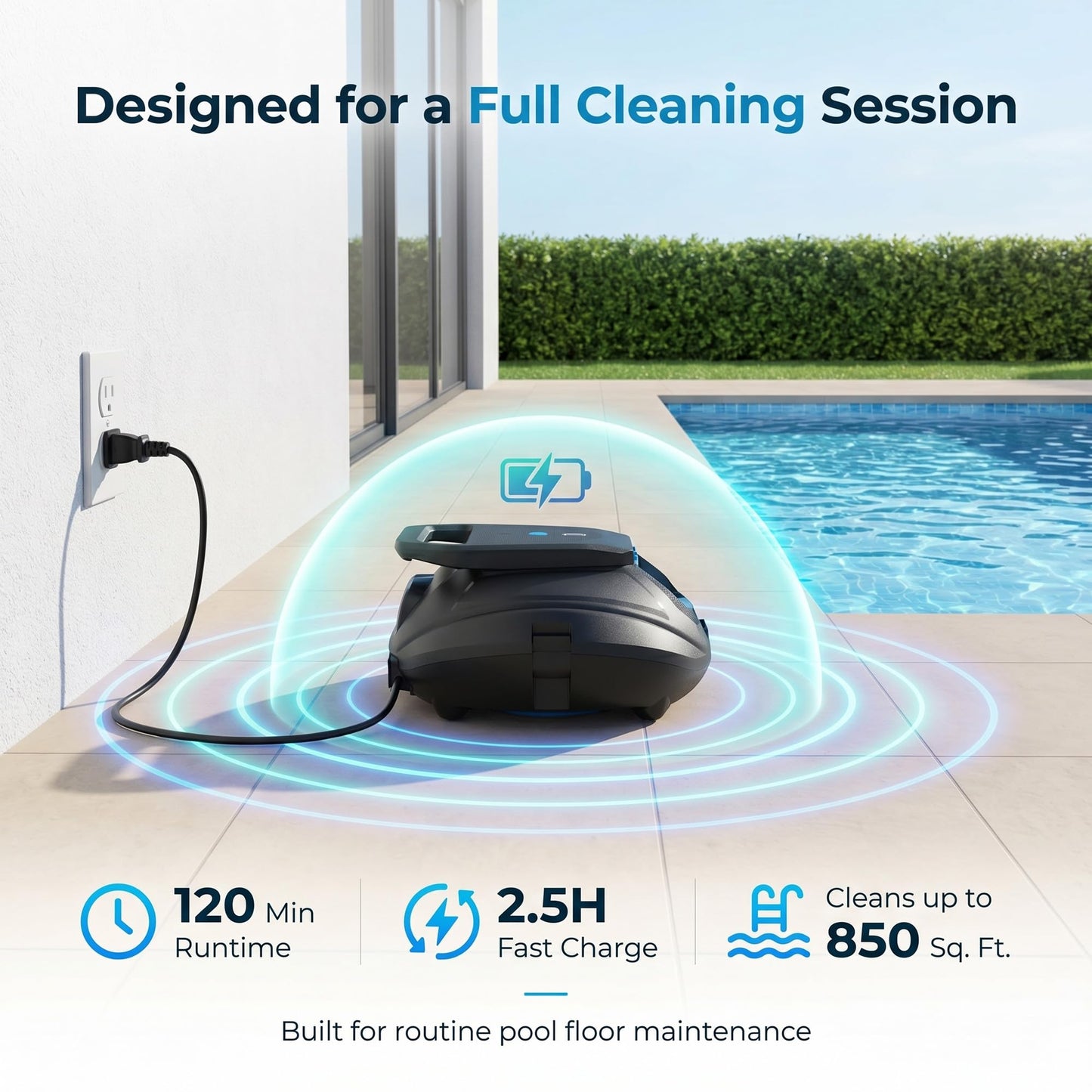 Robotic Pool Cleaner Cordless, Dual-Motor Powerful Suction & 120 Mins Longest Runtime, Self-Parking Fast Charging Pool Vacuum Robot for Above Ground & Flat Pool Bottom Cleaning