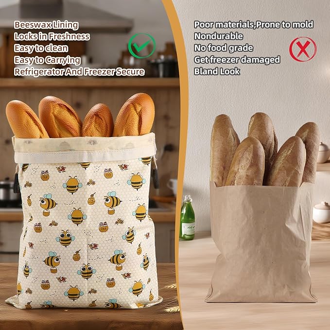 Sourdough Bread Bags, Reusable Beeswax Bread Bags for Homemade Bread, 17"×13" Natural Beeswax Cotton Loaf Bag, Easy to Clean Bakery Essentials (2 Pack)