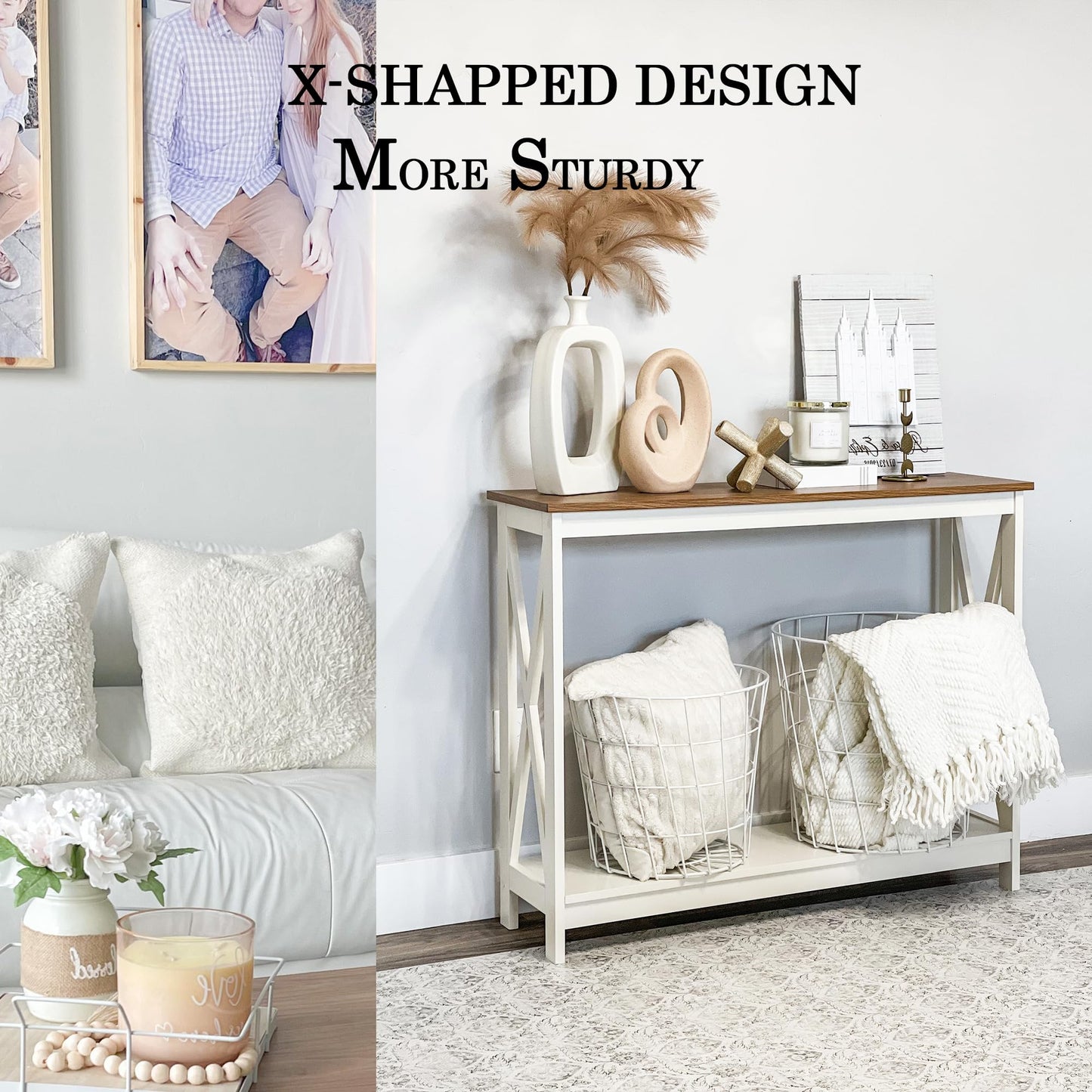 PHI VILLA White Console Tables for Entryway, Farmhouse Narrow Sofa Table Hallway, Ivory Skinny Entry Table