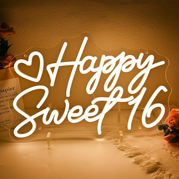 SYLHOME Happy Sweet 16 Led Neon Light Sign Happy 16th Birthday Party Backdrop Wall Sign Decor Sixteen Birthday Banner 15.7...