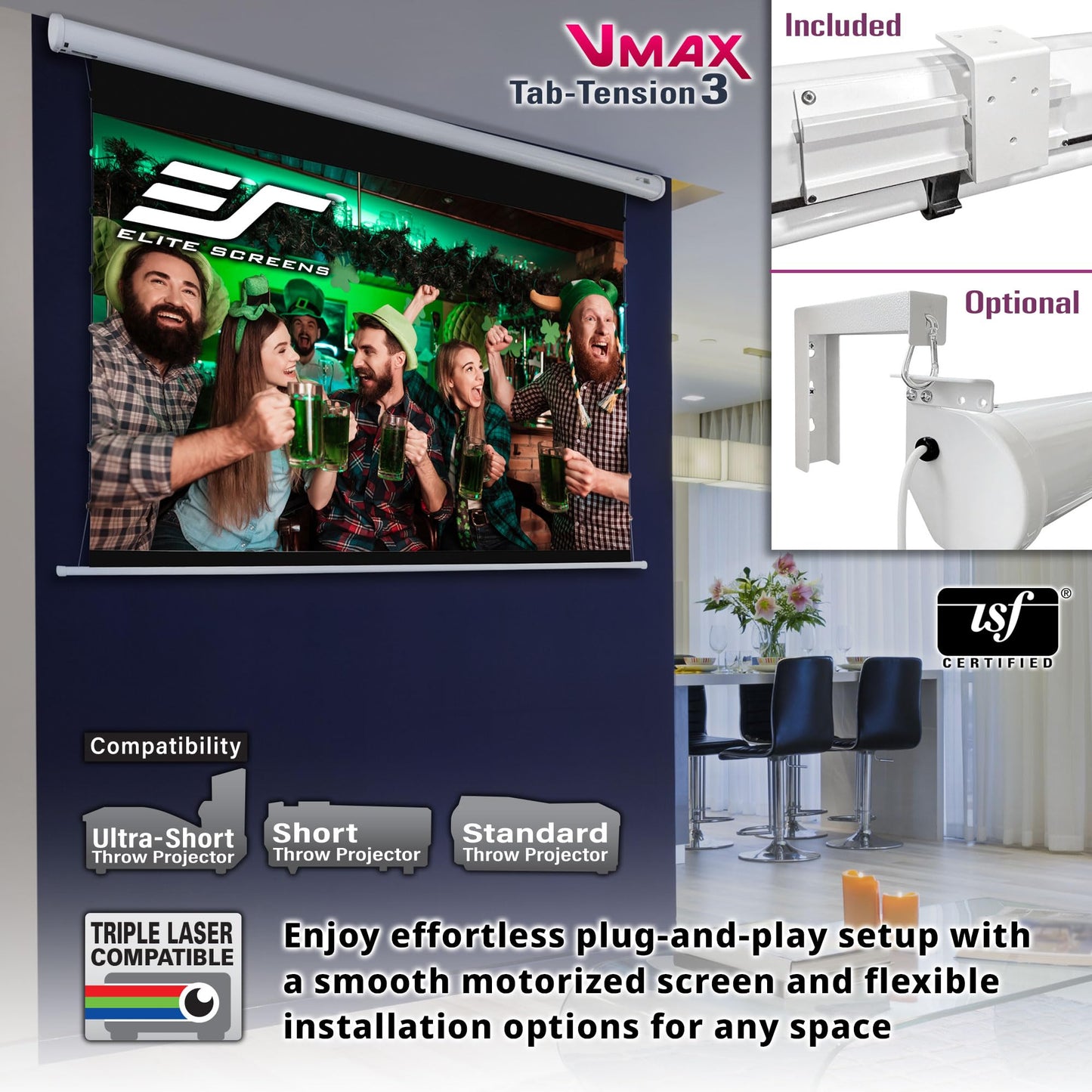 Elite Screens VMAX Tab Tension 3 Series, 135-INCH Electric Motorized Projector Screen Movie Home Theater Gaming, VMAXT135XWH3