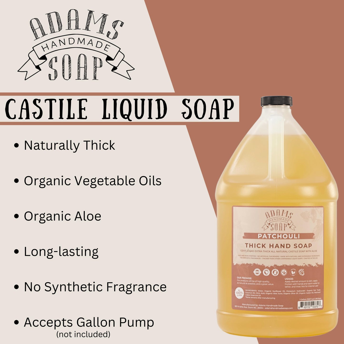 Adams Handmade Soap Thick Organic Castile Liquid Hand Soap 1 Gallon Refill - Patchouli (Pack of 4)