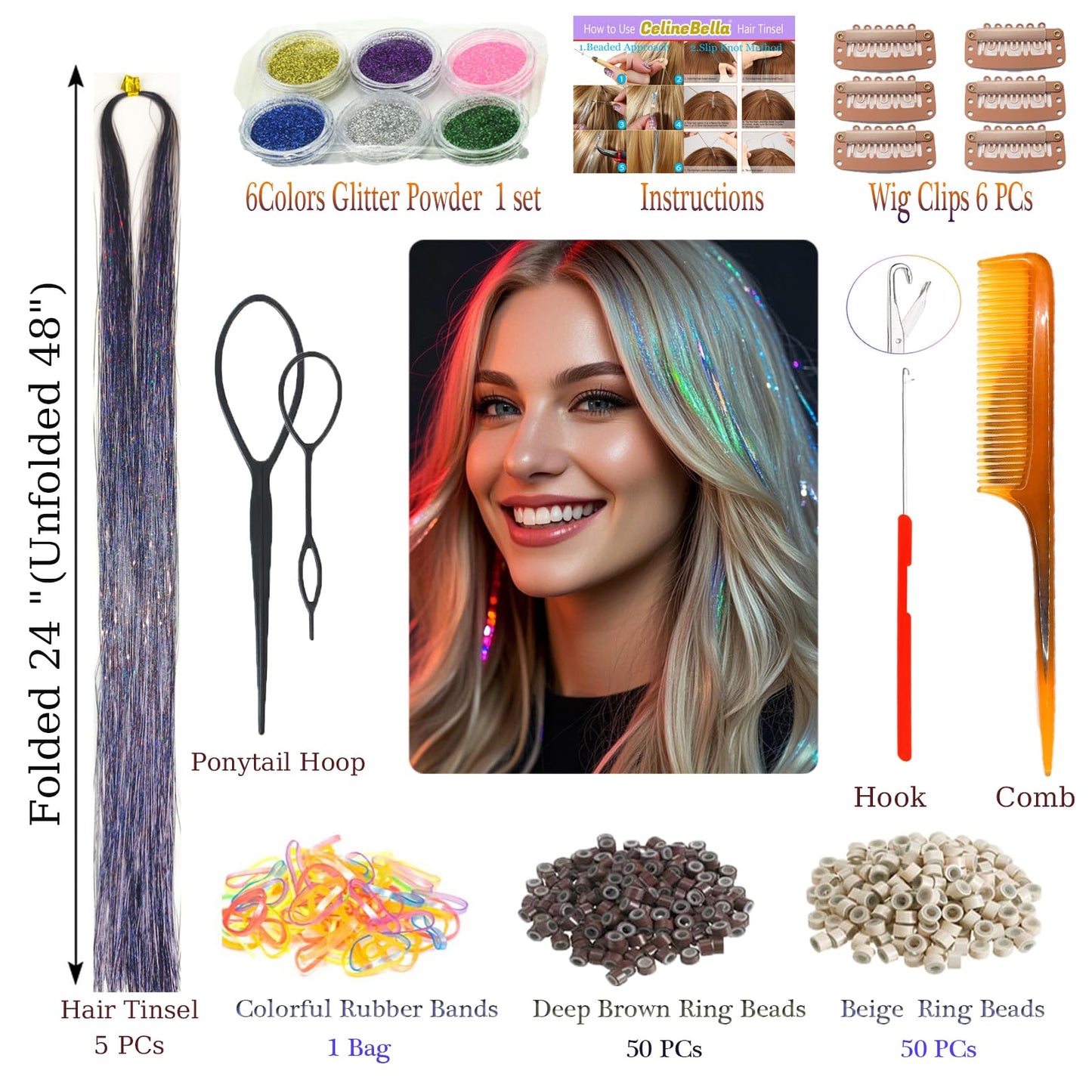 CelineBella Iron Grey Charcoal Gray Hair Tinsel,5 PCs/Pack,48 Inch,Heat Resistant,Dark Gray Hair Extensions for Kids Girls (Boxe