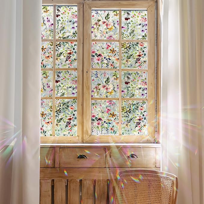 Rainbow Suncatcher Floral Window Film, Privacy Iridescent Static Cling Double-Sided Decals for Window Door Glass Decor, Spring Colorful Flower, 118.11" x 16.93"