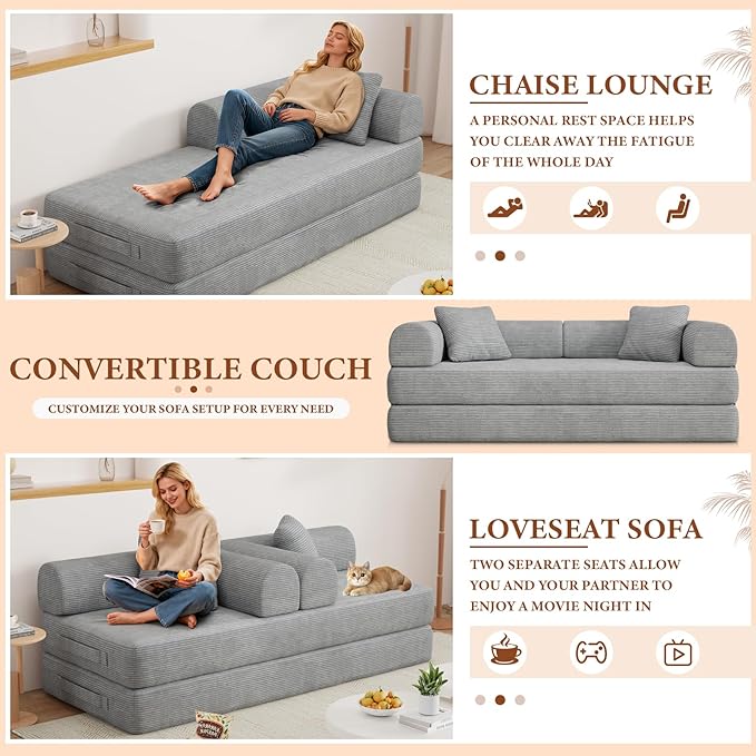 77" Convertible Sofa Bed, Modular Folding Futon Corduroy Floor Foam Compressed Loveseat Sleeper Sofa Couch, Pull Out Queen Size Couch Bed with 2 Pillows for Living Room Guest Room Studio, Light Grey