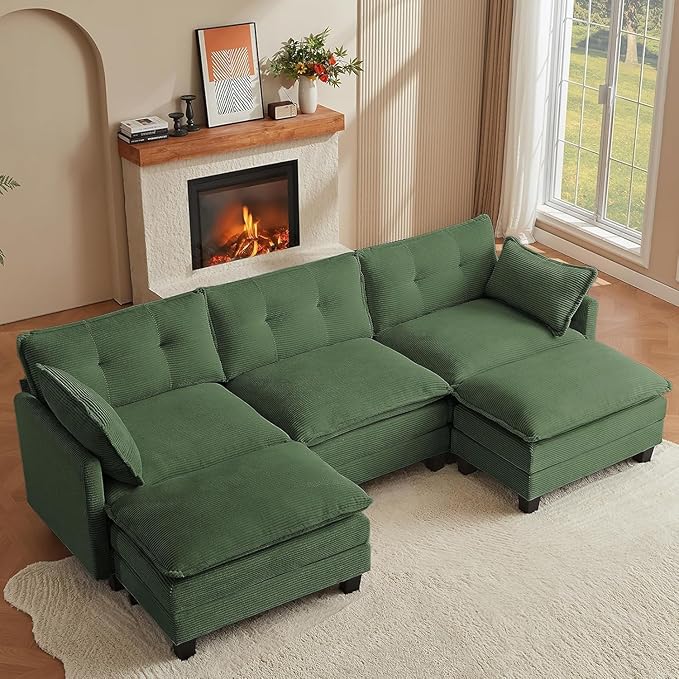 Amsleekey Modular Sectional Sofa, 111.5" U-Shaped Corduroy Comfy Sectional Couches for Living Room, 3-Seater Cloud Couches with 2 Movable Ottomans, Flexible Combination Modern Deep Seat Sofa (Green)