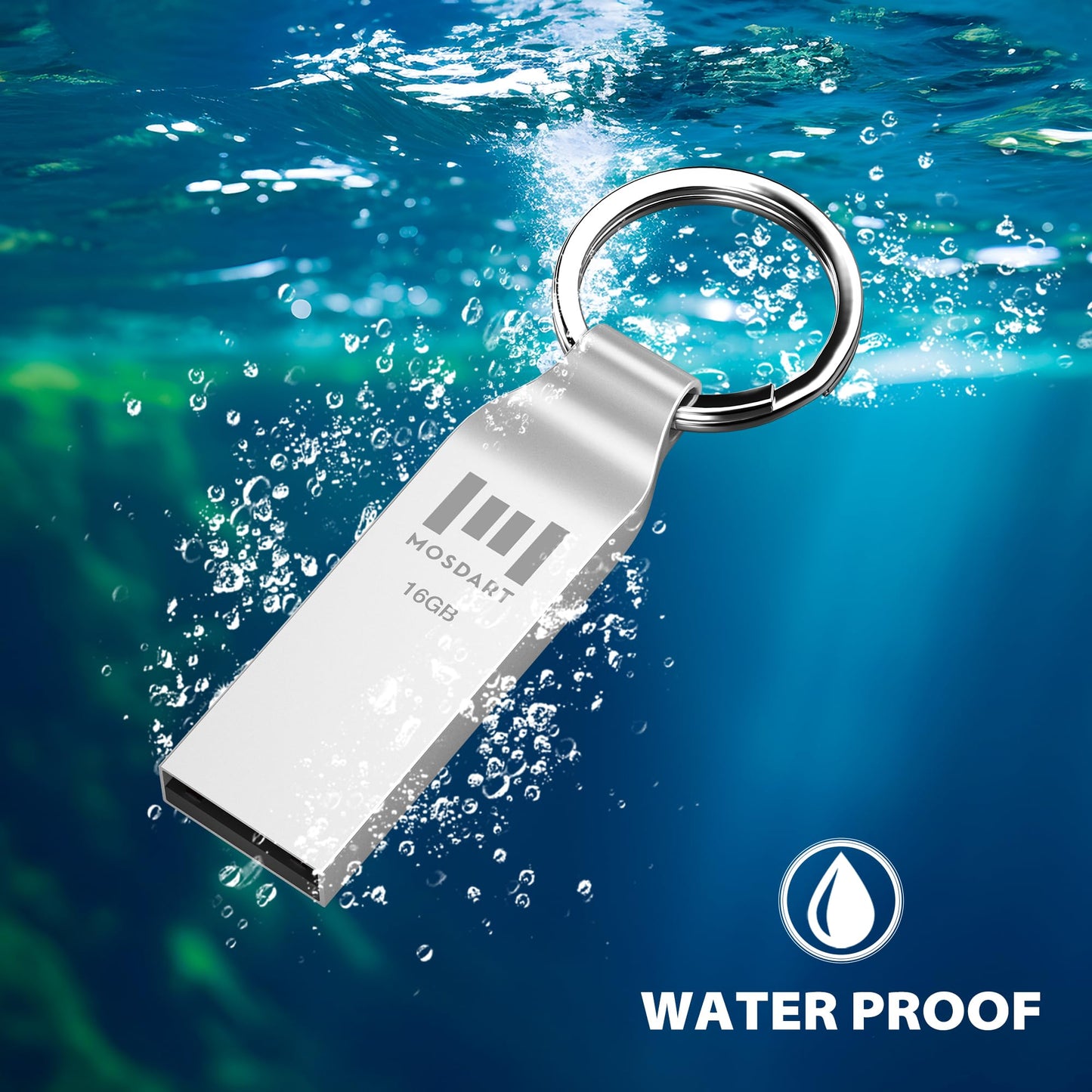 Mosdart Waterproof 16Gb Usb2.0 Flash Drive, Fat32 Metal Memory Stick With Keychain, For System Back, Data Storage, Silver