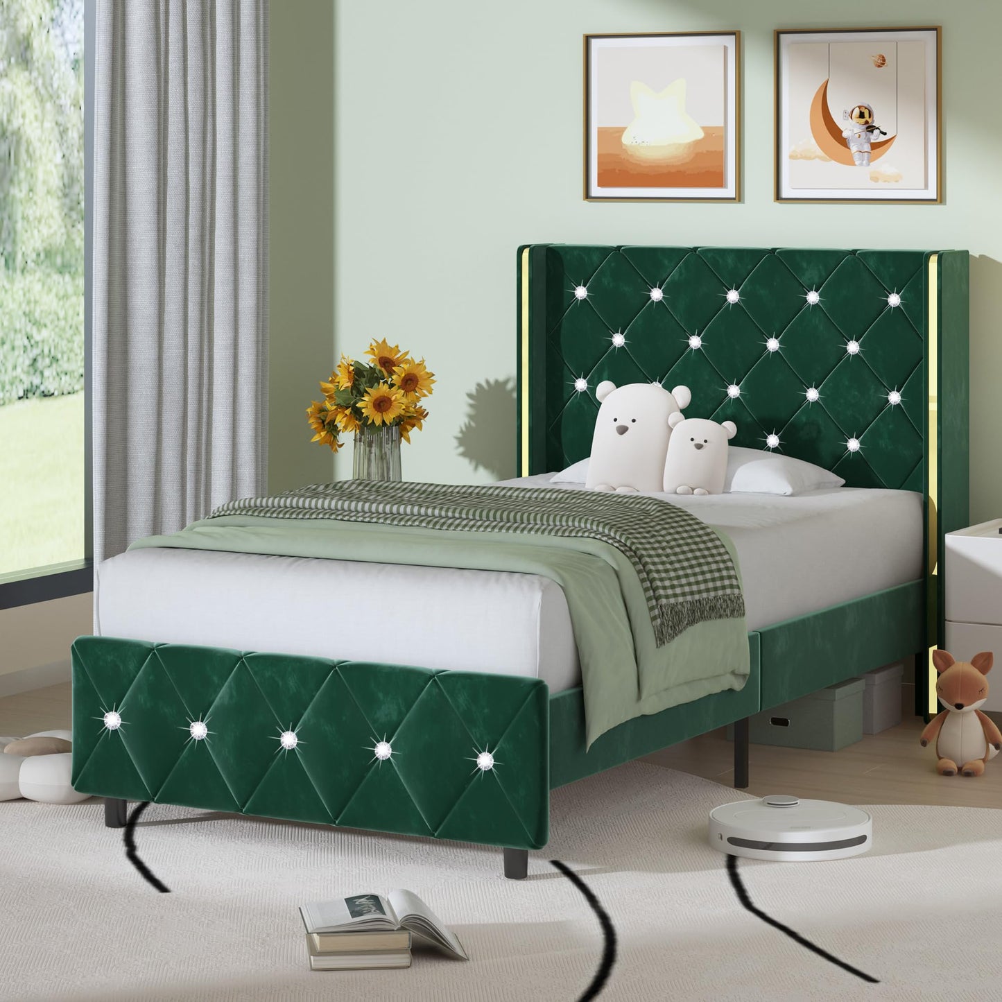 HOMBCK Twin Bed Frame with Headboard and Wingback, Upholstered Bed with Diamond Tufted Design, Kids Bed Frame with Wooden Slats Support, No Box Spring Required, Easy Assembly, Green